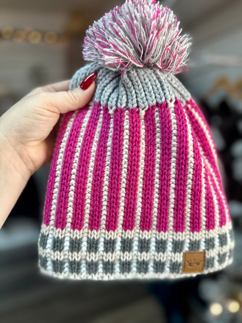 Pink Lined Pom Hat