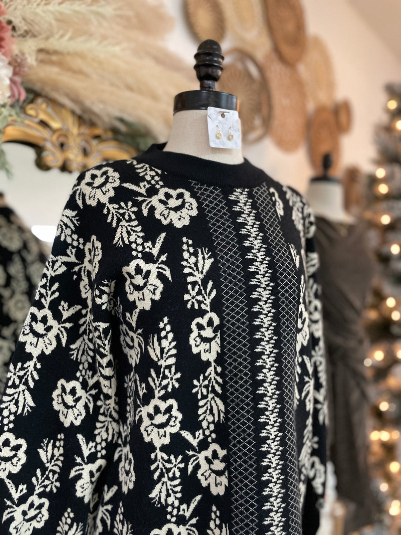 Festive Floral Sweater Dress-Black