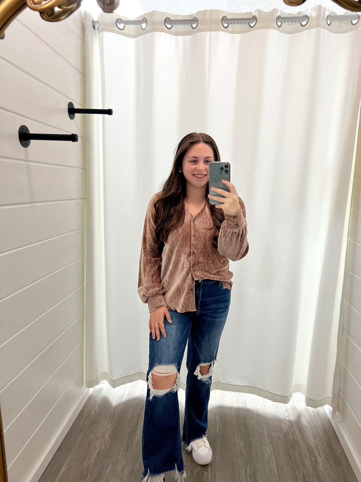 It's That Time Velvet Button Down Top- Taupe