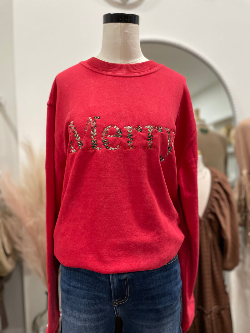 WWW Merry Embroidered Crewneck-Red