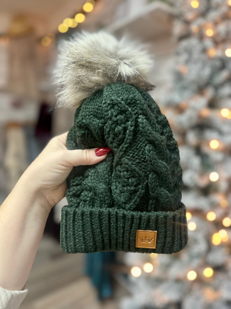 Hunter Green Cable Knit Pom Hat