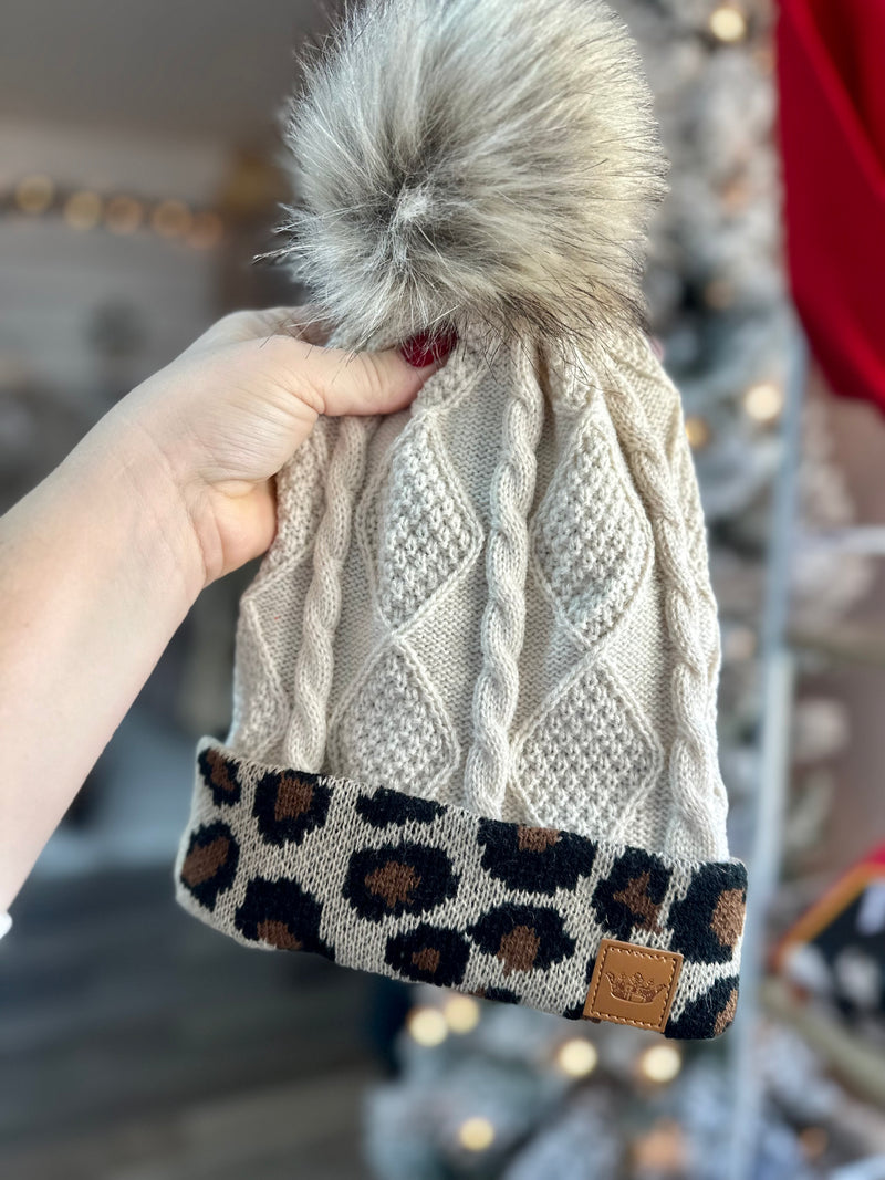 Ivory W/ Leopard Cuff Pom Hat