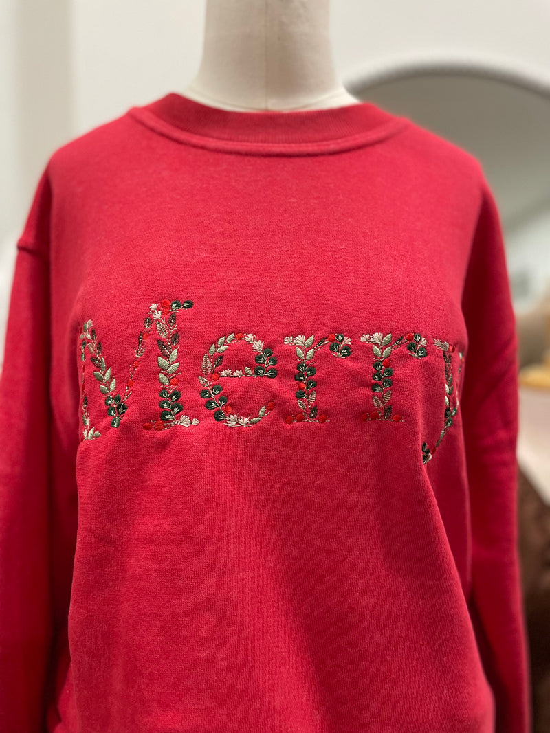 WWW Merry Embroidered Crewneck-Red