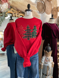 Sequin & Plaid Christmas Tree Sweatshirt-Red