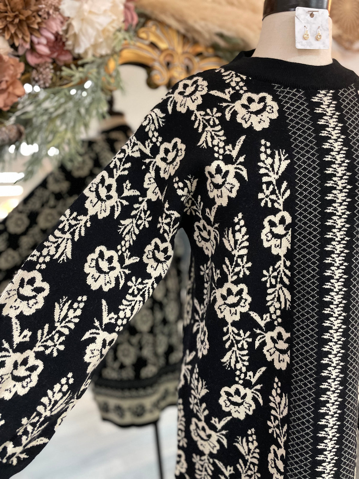 Festive Floral Sweater Dress-Black