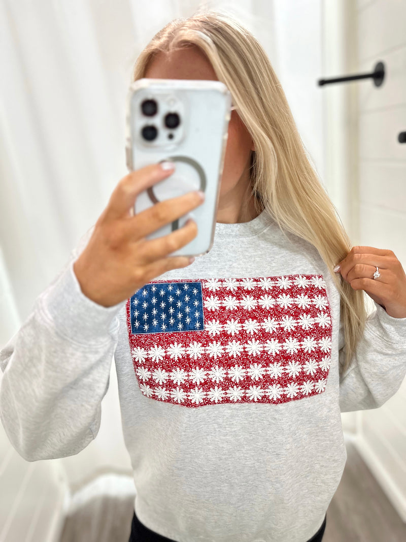 Quilted Lace American Flag Applique Embroidered Crewneck