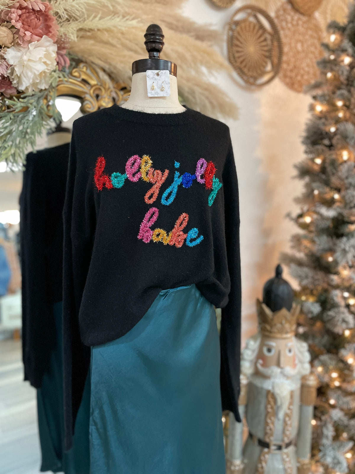 Holly Jolly Babe Tinsel Sweater-Black