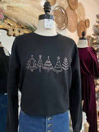 WWW Dainty Christmas Tree Embroidered Crewneck- Black