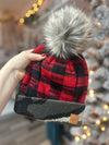 Red Plaid With Camo Pom Hat