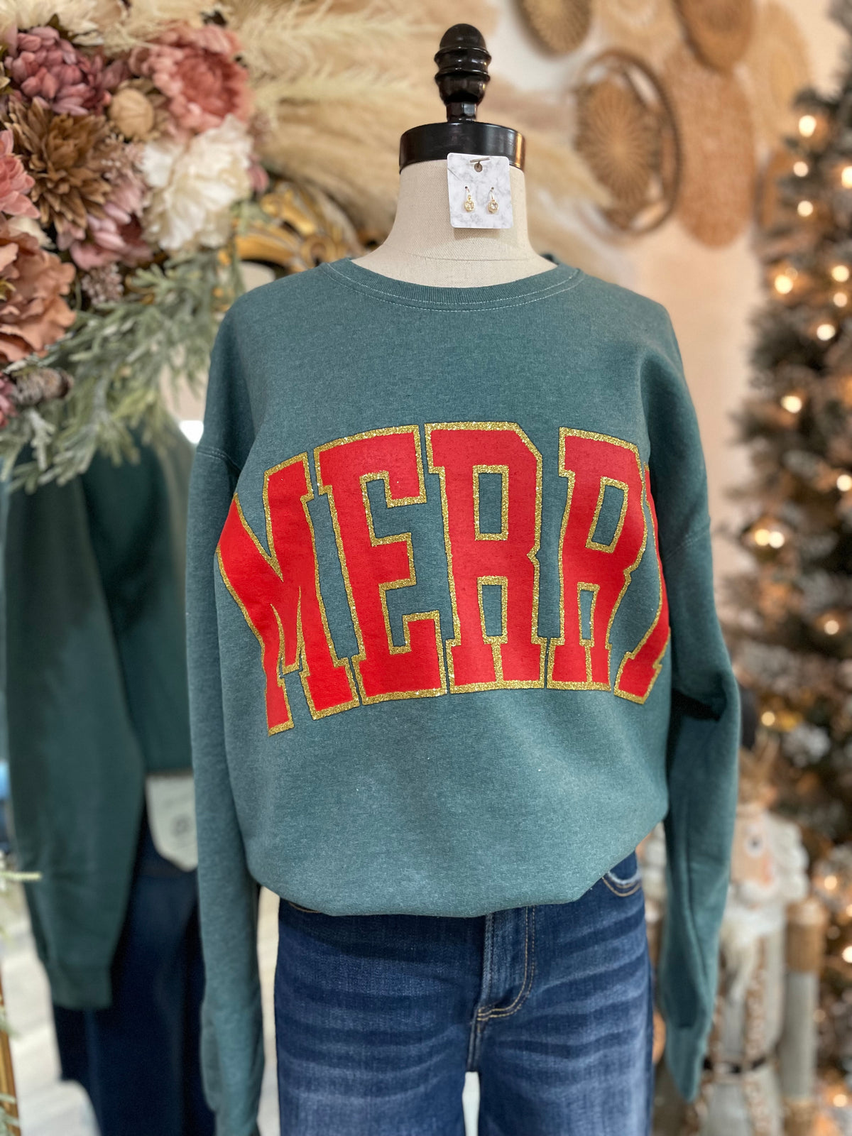 Glitter Merry Graphic Crewneck-Green