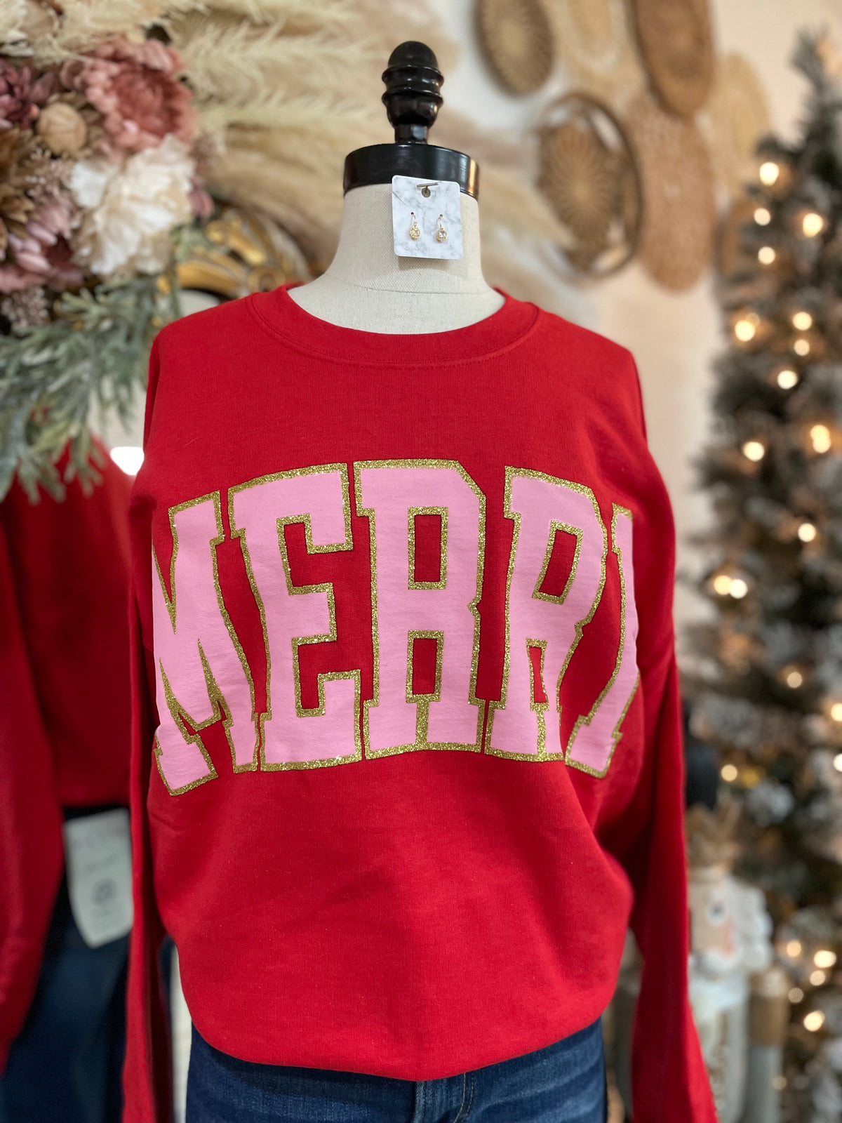 Glitter Merry Graphic Crewneck-Red/Pink