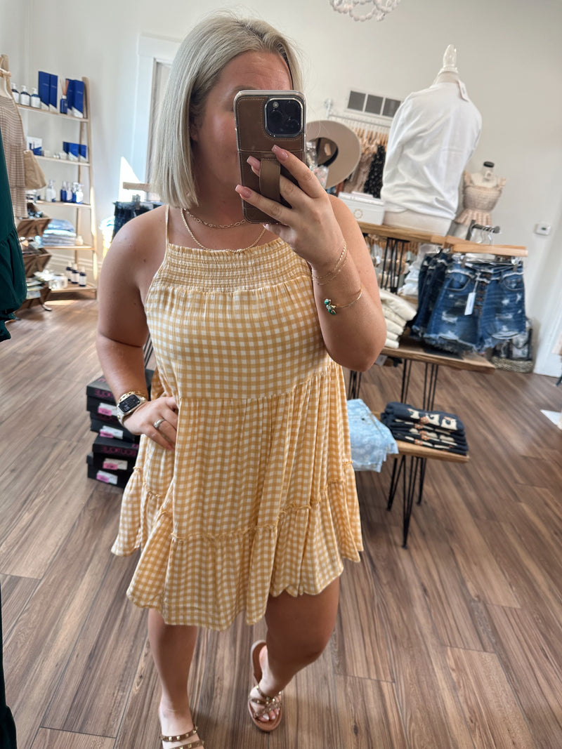 Santori Gingham Dress-Mustard Ivory