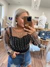 Pearl and Rhinestone Long Sleeve Mesh Top-Black