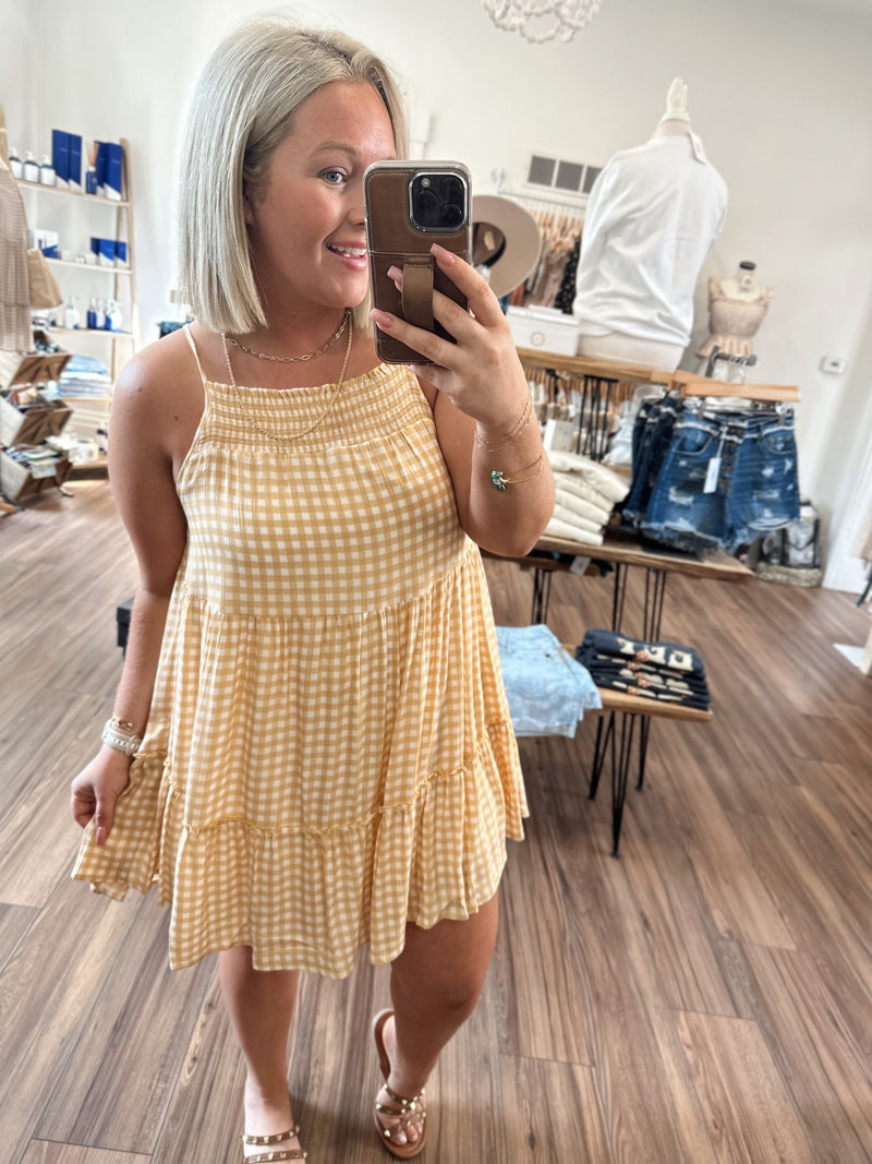 Santori Gingham Dress-Mustard Ivory