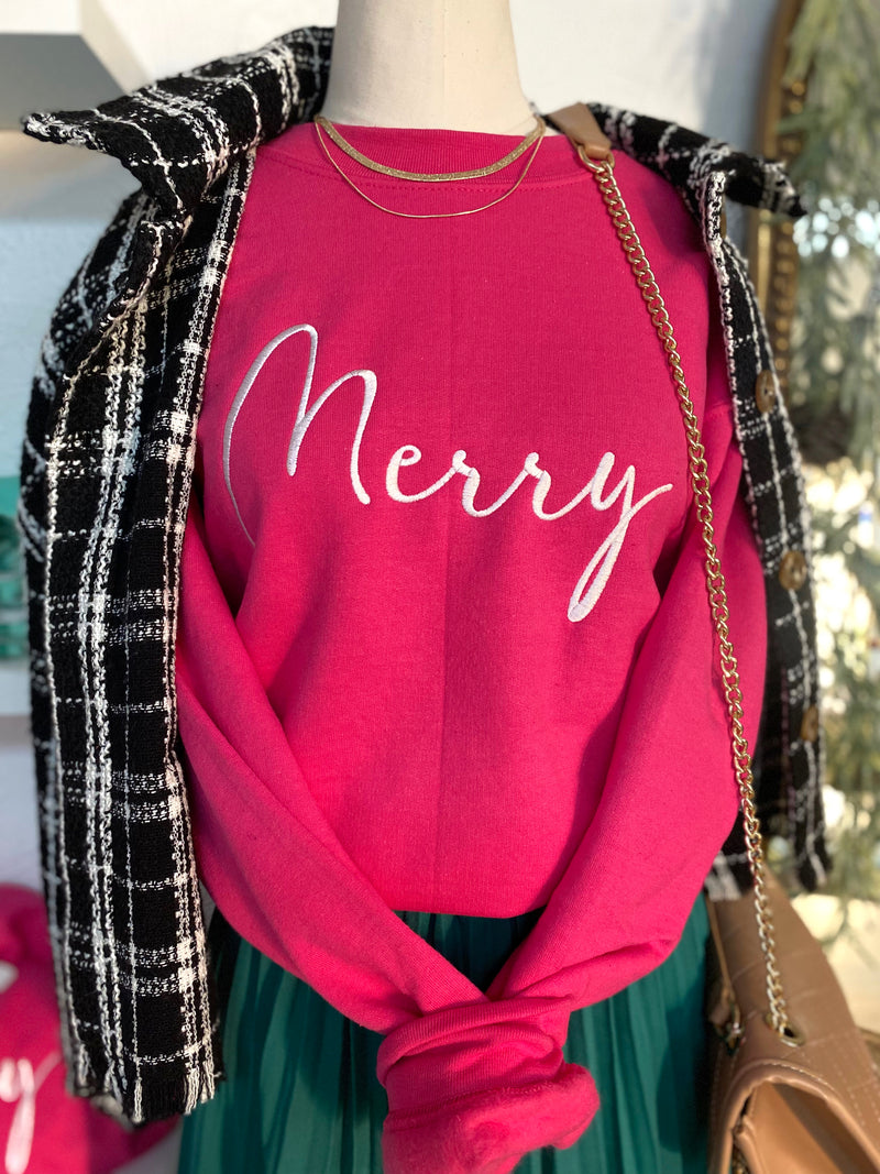 WWW Merry Embroidered Crewneck- White/Pink