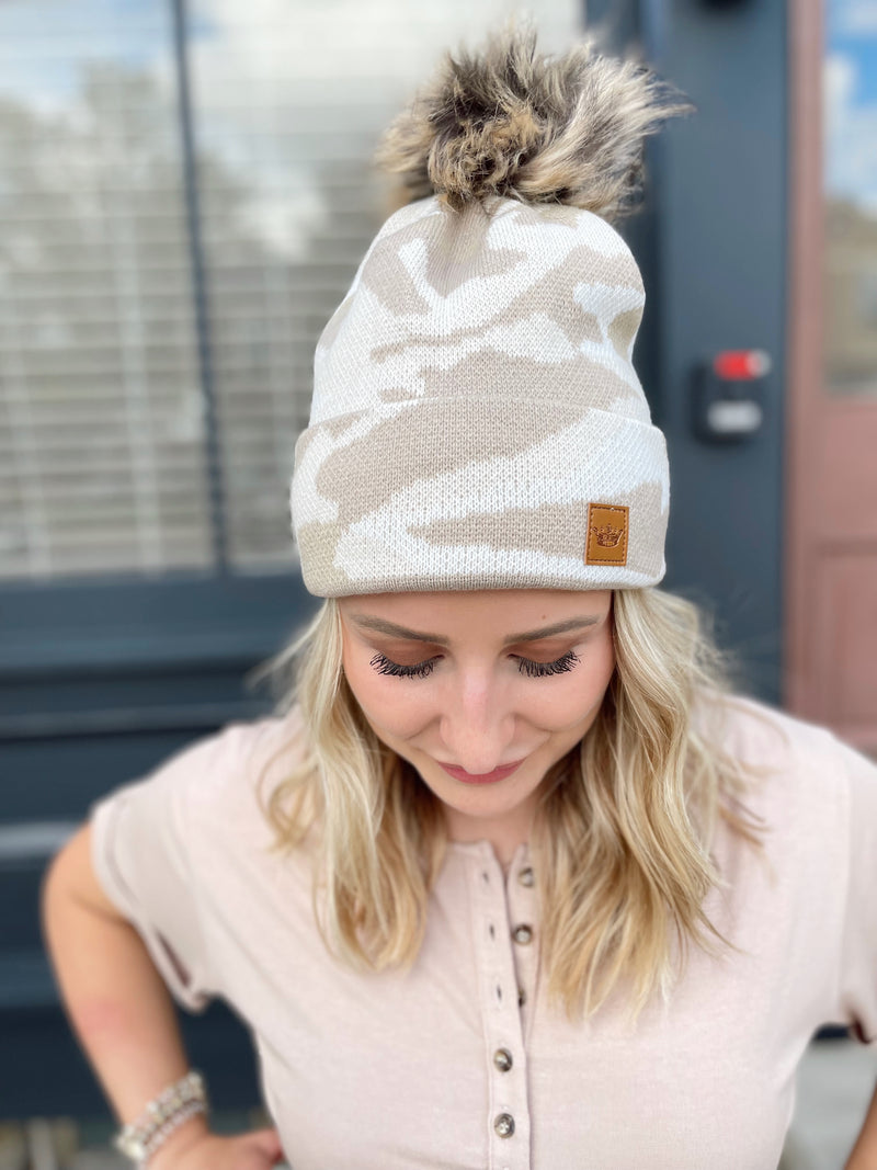 Tan & White Camo Pom Hat