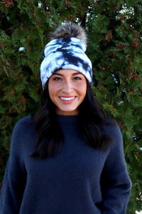 White & Black Tie Dye Knit Pom Hat