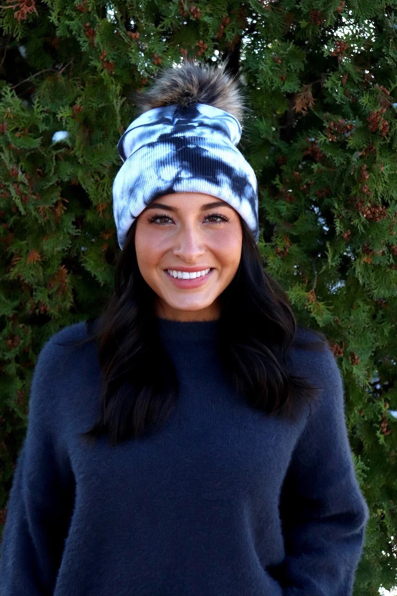 White & Black Tie Dye Knit Pom Hat