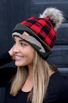 Red Plaid With Camo Pom Hat