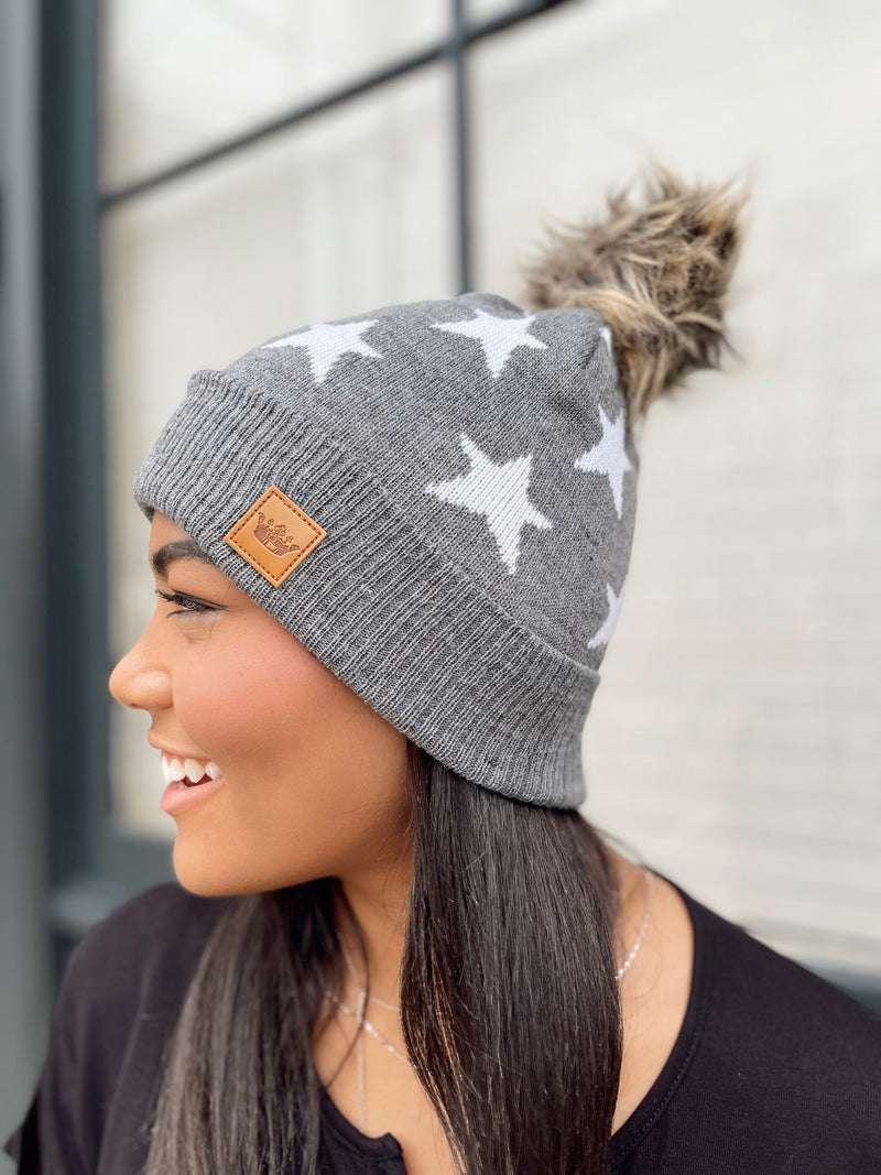 Grey W/ Stars Pom Hat