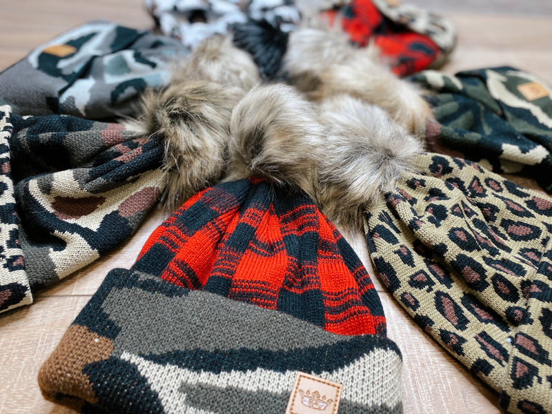 Red Plaid With Camo Pom Hat