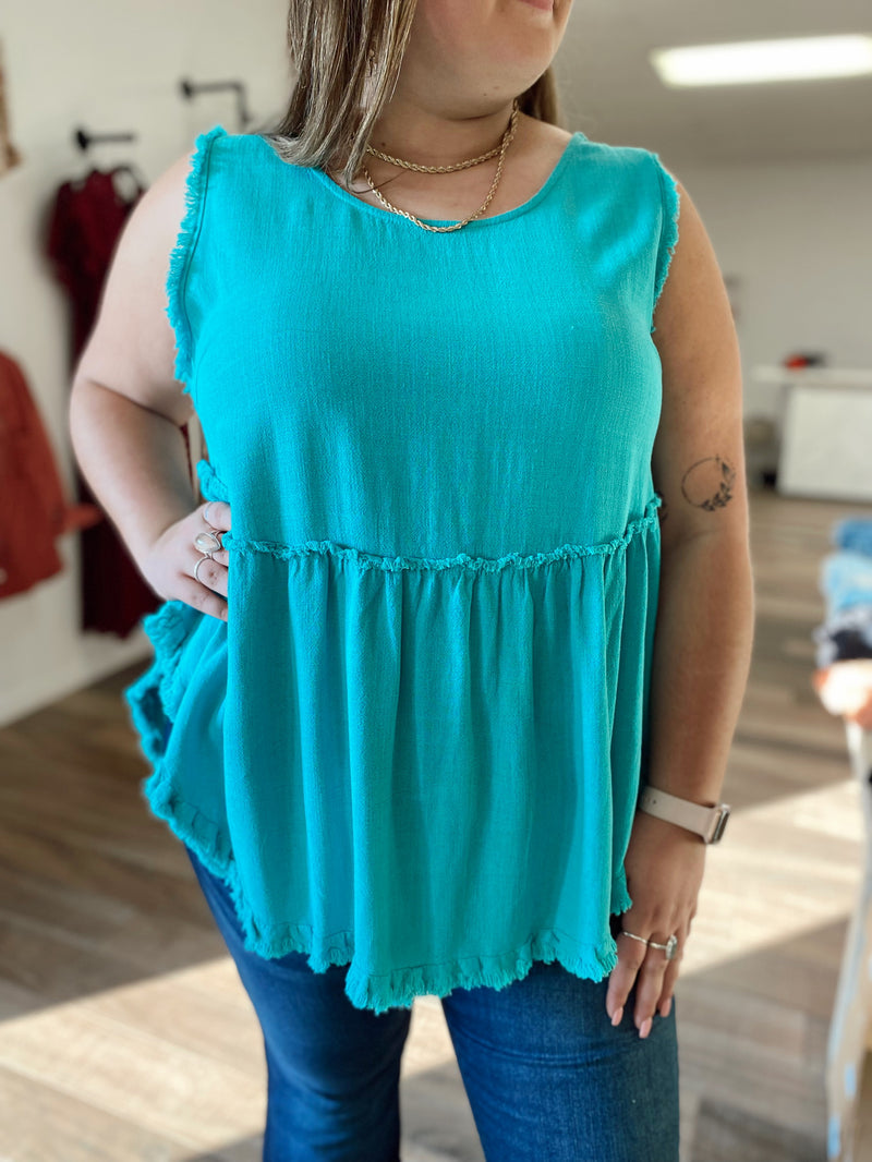 Kenna Scoop Hem Tank-Teal