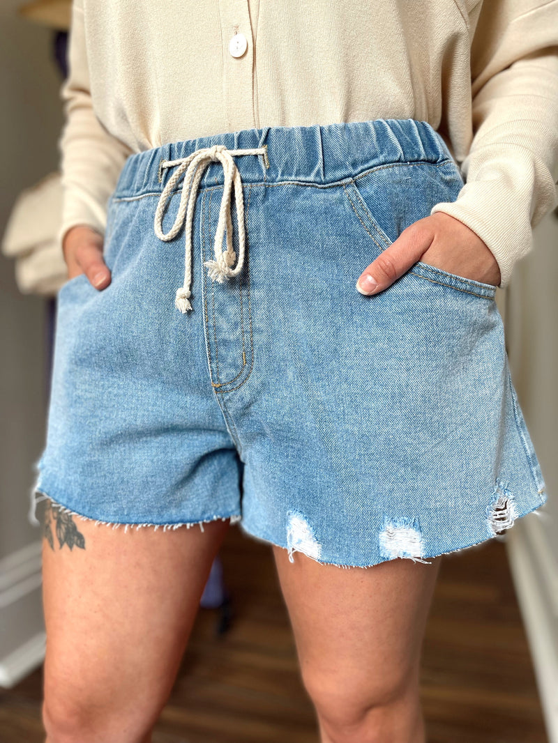 Sariah Distressed Denim Shorts-Denim