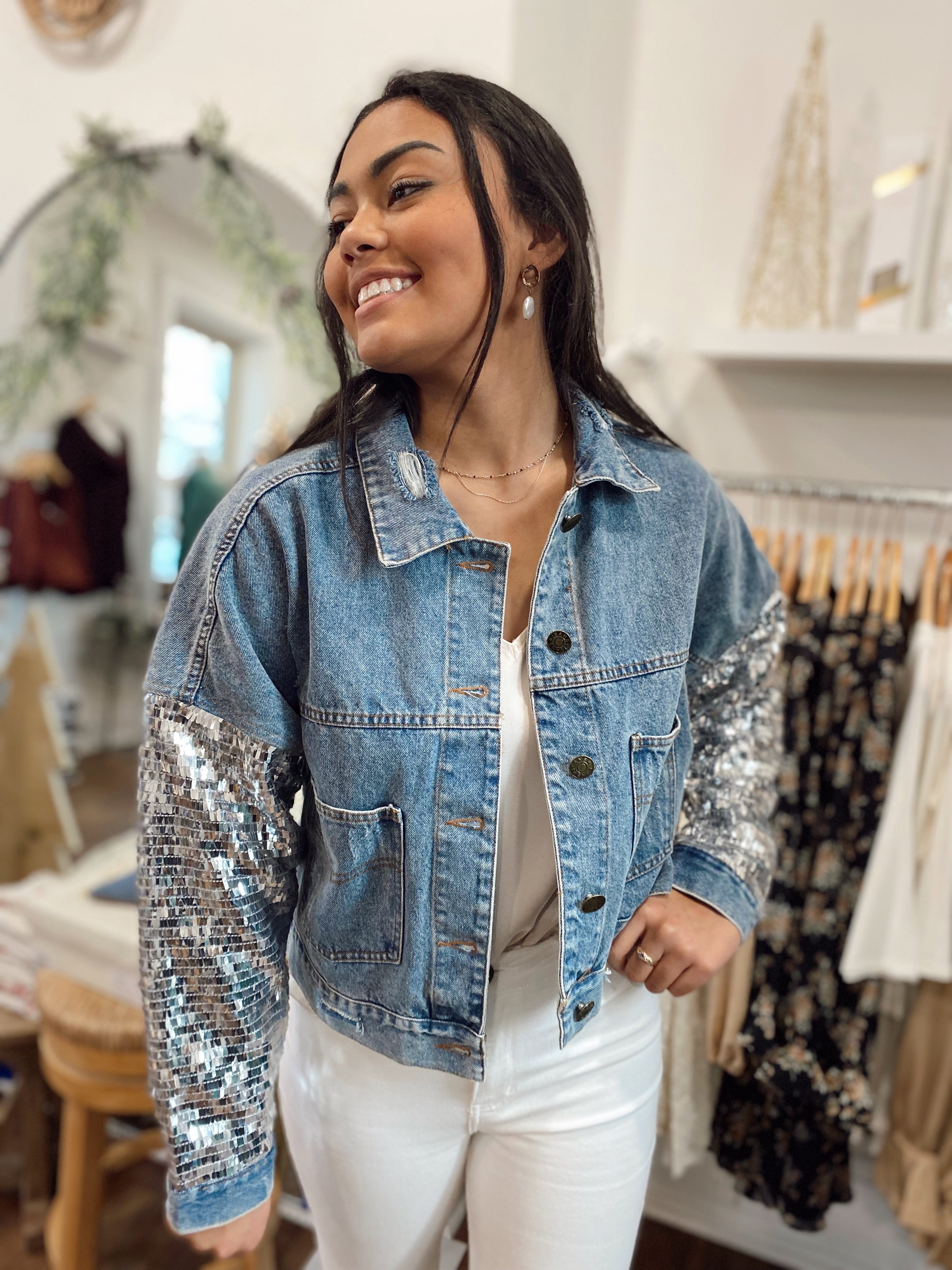 Sequin dress 2024 with denim jacket