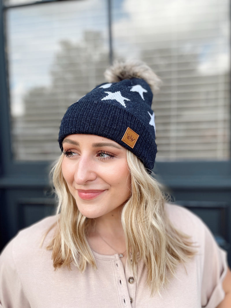 Navy W/ Stars Pom Hat