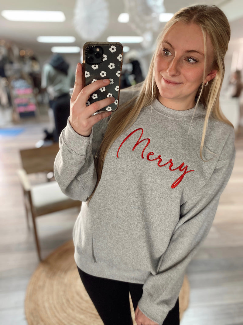 WWW Merry Embroidered Crewneck- Red/Grey