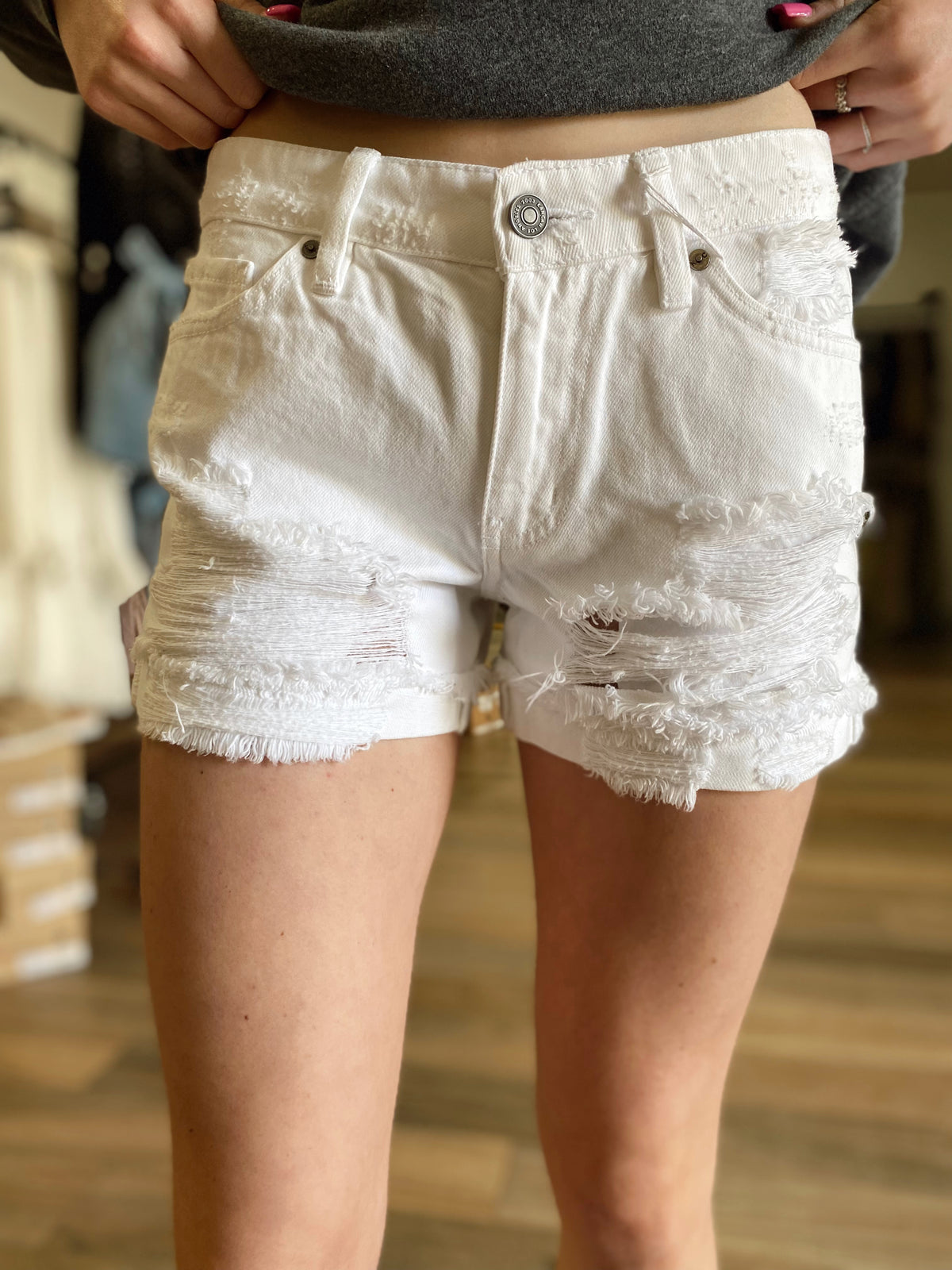 Avery Mid Rise Distressed Shorts